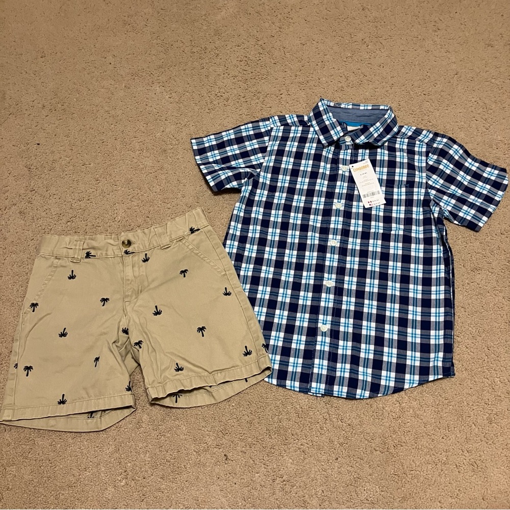 Gymboree‎ Boys Sz 5 NWT Short Sleeved Plaid Button Up Shirt & Khaki Shorts